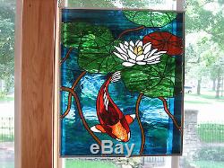 Koi with lilly pad and reeds Stained Glass Beveled Windows Panel