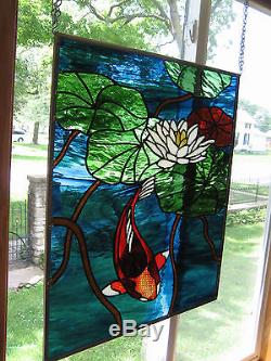Koi with lilly pad and reeds Stained Glass Beveled Windows Panel