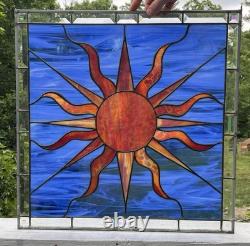 LARGE 20.25 Square Stained Glass Window Panel Sun Abstract Art Vintage