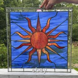 LARGE 20.25 Square Stained Glass Window Panel Sun Abstract Art Vintage