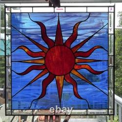 LARGE 20.25 Square Stained Glass Window Panel Sun Abstract Art Vintage