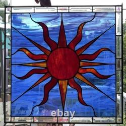 LARGE 20.25 Square Stained Glass Window Panel Sun Abstract Art Vintage