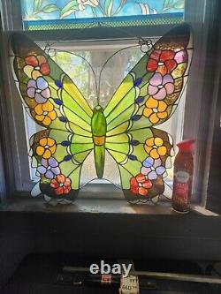 LARGE Stained Glass BUTTERFLY Window Panel 24W X 23.5L Suncatcher Art Glass