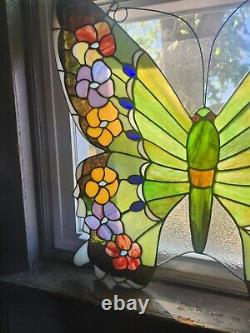 LARGE Stained Glass BUTTERFLY Window Panel 24W X 23.5L Suncatcher Art Glass