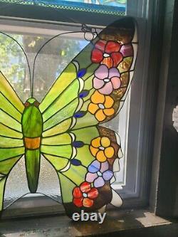 LARGE Stained Glass BUTTERFLY Window Panel 24W X 23.5L Suncatcher Art Glass