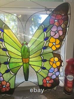 LARGE Stained Glass BUTTERFLY Window Panel 24W X 23.5L Suncatcher Art Glass