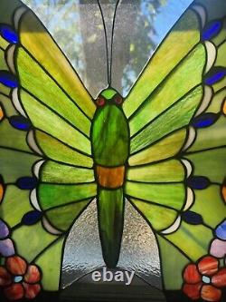 LARGE Stained Glass BUTTERFLY Window Panel 24W X 23.5L Suncatcher Art Glass