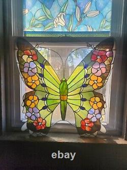 LARGE Stained Glass BUTTERFLY Window Panel 24W X 23.5L Suncatcher Art Glass