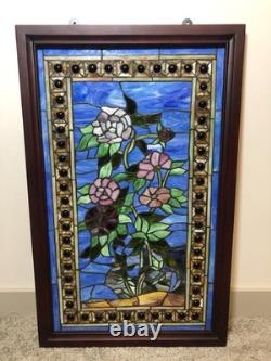 LARGE Stained Glass Hanging Window Panel Roses Flowers Floral Slag Glass Wood