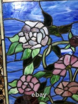 LARGE Stained Glass Hanging Window Panel Roses Flowers Floral Slag Glass Wood