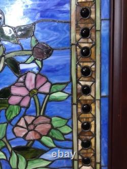 LARGE Stained Glass Hanging Window Panel Roses Flowers Floral Slag Glass Wood