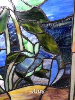 LARGE Stained Glass Hanging Window Panel Roses Flowers Floral Slag Glass Wood