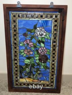 LARGE Stained Glass Hanging Window Panel Roses Flowers Floral Slag Glass Wood