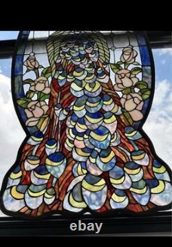 LOCAL PICK UP ONLY Peacock/Roses Stained Glass Window Panel 38 Tall 20 1/2Wide
