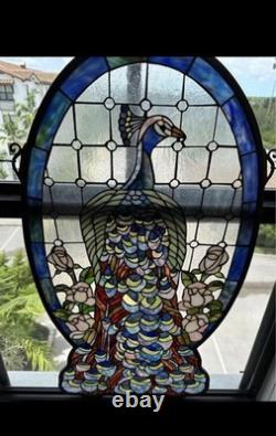 LOCAL PICK UP ONLY Peacock/Roses Stained Glass Window Panel 38 Tall 20 1/2Wide