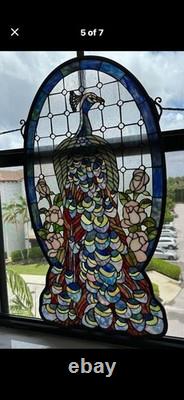 LOCAL PICK UP ONLY Peacock/Roses Stained Glass Window Panel 38 Tall 20 1/2Wide