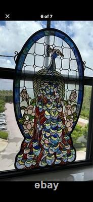 LOCAL PICK UP ONLY Peacock/Roses Stained Glass Window Panel 38 Tall 20 1/2Wide