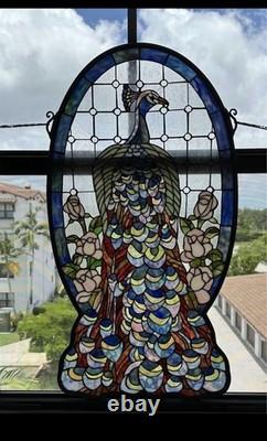 LOCAL PICK UP ONLY Peacock/Roses Stained Glass Window Panel 38 Tall 20 1/2Wide