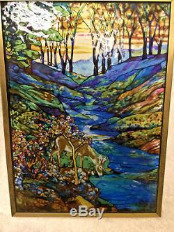 LOUIS C. TIFFANY Glassmasters Suncatcher Stained Glass Style Panel Deer in Woods