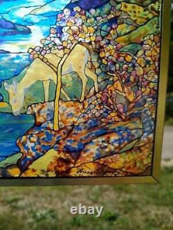 LOUIS TIFFANY STAINED GLASS WINDOW SUNCATCHER FOREST DEER GUILD PANEL With HANGER