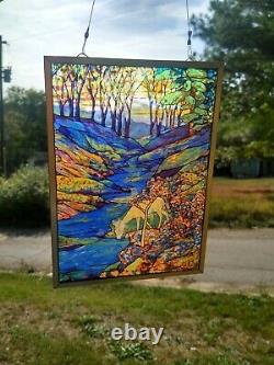 LOUIS TIFFANY STAINED GLASS WINDOW SUNCATCHER FOREST DEER GUILD PANEL With HANGER