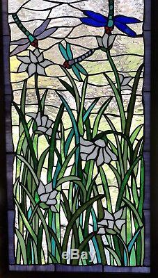 Large 20.5 x 40.5 Tiffany Style Stained Glass Window Panel Floral Dragonfly