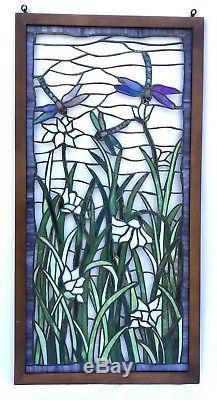 Large 20.5 x 40.5 Tiffany Style Stained Glass Window Panel Floral Dragonfly