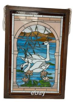 Large 25x36.5 wood framed stained glass Two Swans window panel VGUC