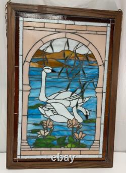 Large 25x36.5 wood framed stained glass Two Swans window panel VGUC