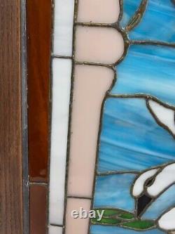 Large 25x36.5 wood framed stained glass Two Swans window panel VGUC