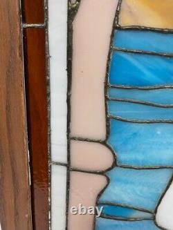 Large 25x36.5 wood framed stained glass Two Swans window panel VGUC