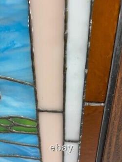 Large 25x36.5 wood framed stained glass Two Swans window panel VGUC