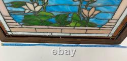 Large 25x36.5 wood framed stained glass Two Swans window panel VGUC