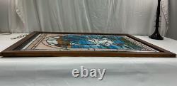 Large 25x36.5 wood framed stained glass Two Swans window panel VGUC