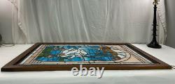 Large 25x36.5 wood framed stained glass Two Swans window panel VGUC