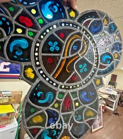 Large 26.5 Stained Glass Gothic Trefoil Window Medallion Hanging Panel