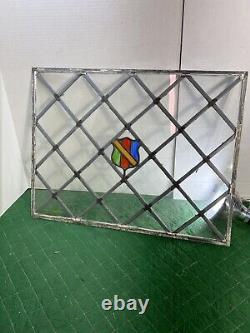 Large 26x20 Clear Stained Glass Window Panel Diamonds Rainbow Shield Crest