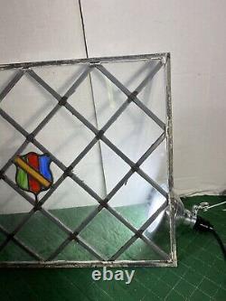 Large 26x20 Clear Stained Glass Window Panel Diamonds Rainbow Shield Crest