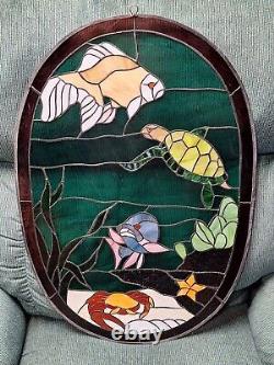 Large 27 X 18 Stained Glass Window Panel Turtle/ Fish/ Crab Themed Hanging Loop