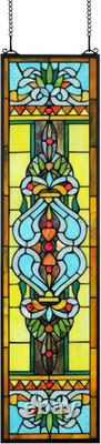 Large 35 Inch Blue Victorian Stained Glass Window Panels Hanging Transom Window