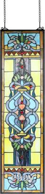 Large 35 Inch Blue Victorian Stained Glass Window Panels Hanging Transom Window