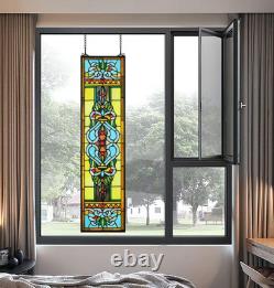 Large 35 Inch Blue Victorian Stained Glass Window Panels Hanging Transom Window