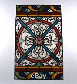 Large Antique French Stained Glass Hand Painted Panel with Medallion