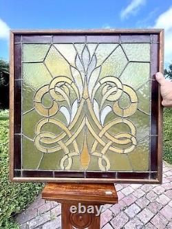 Large Antique Stained And Leaded Glass Window Panel Framed