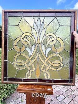 Large Antique Stained And Leaded Glass Window Panel Framed