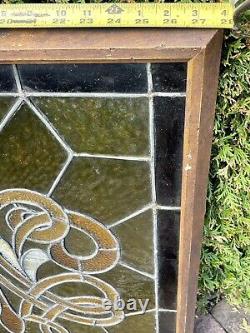 Large Antique Stained And Leaded Glass Window Panel Framed