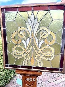 Large Antique Stained And Leaded Glass Window Panel Framed