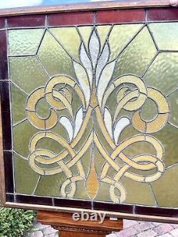 Large Antique Stained And Leaded Glass Window Panel Framed