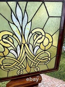 Large Antique Stained And Leaded Glass Window Panel Framed