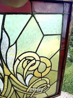 Large Antique Stained And Leaded Glass Window Panel Framed